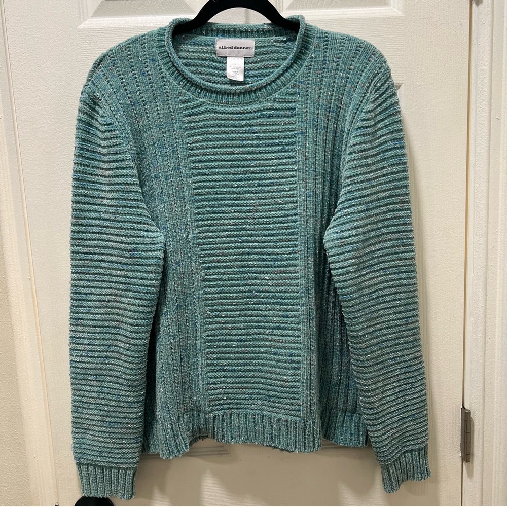 ALFRED DUNNER- Green & Blue Velour Knit Pullover Sweater SIZE Large EUC